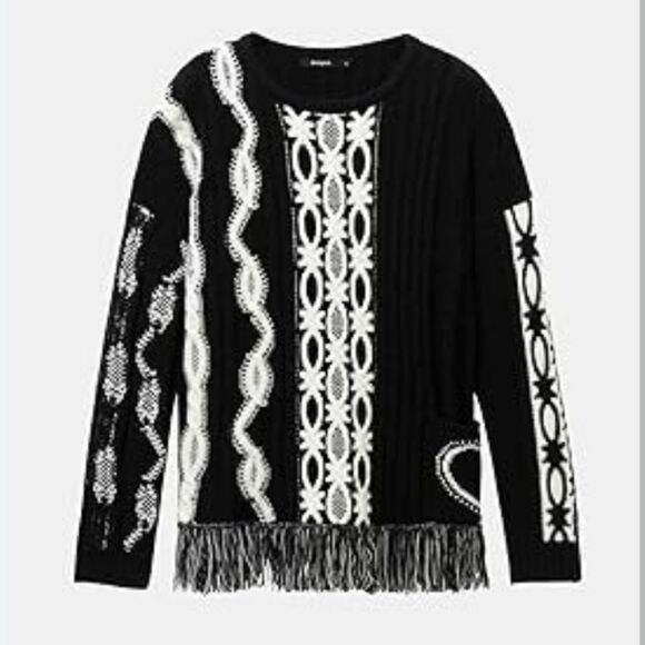 NWT Desigual Jers Brixton Wool Blend Knitted Heart Pullover Sweater Black White - Picture 14 of 15